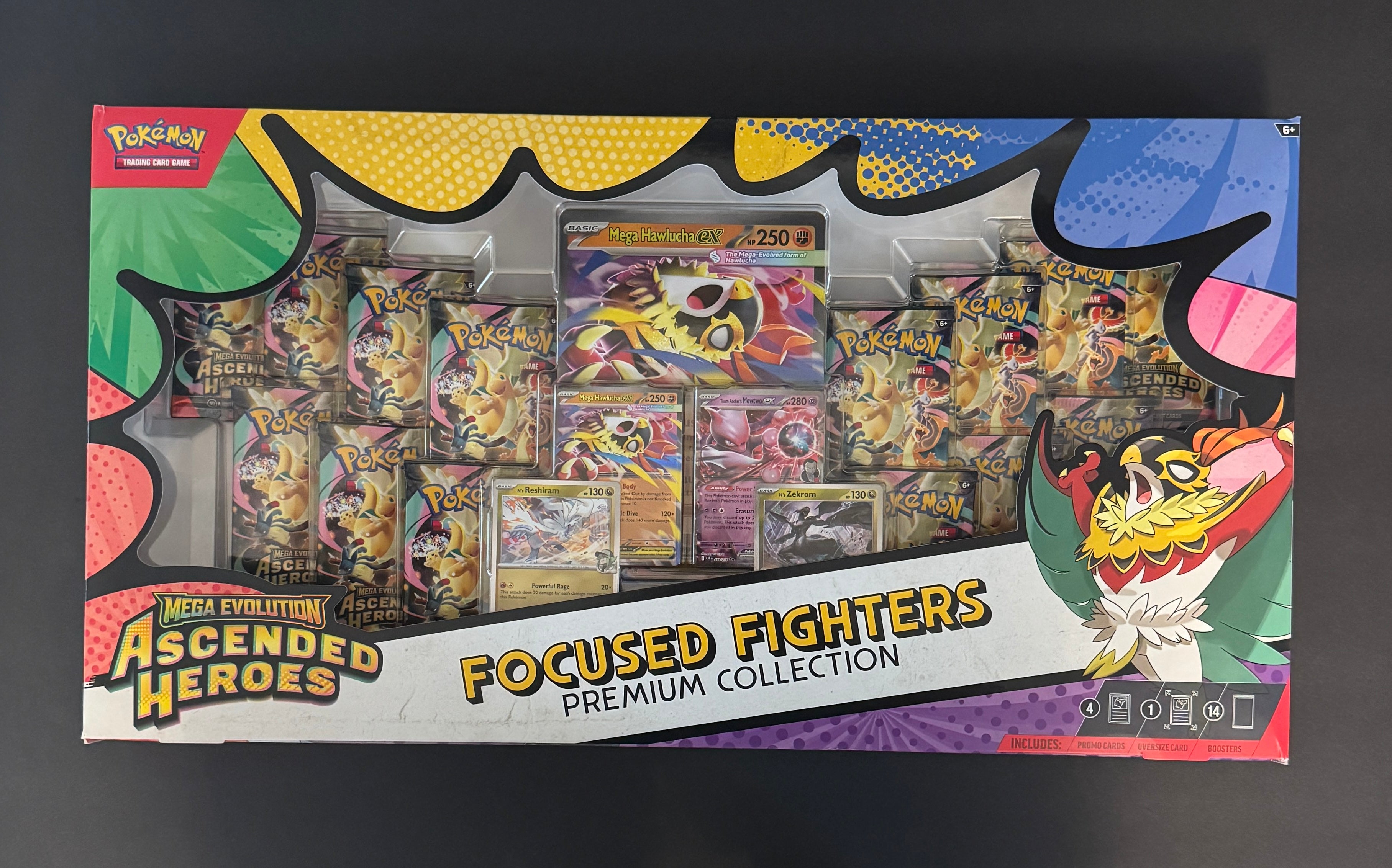 Pokémon Mega Evolution Ascended Heroes Focused Fighters Premium Collection Box – 14 Booster Packs + Mega Hawlucha ex Promo