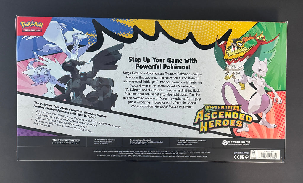 Pokémon Mega Evolution Ascended Heroes Focused Fighters Premium Collection Box – 14 Booster Packs + Mega Hawlucha ex Promo